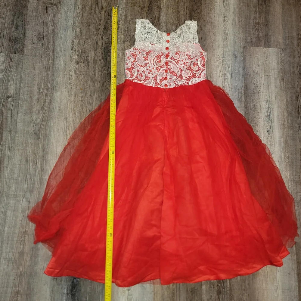 Girls‎ Embroidery Flower Lace Puffy Sleeveless Red Dress Tulle  Size 14/16